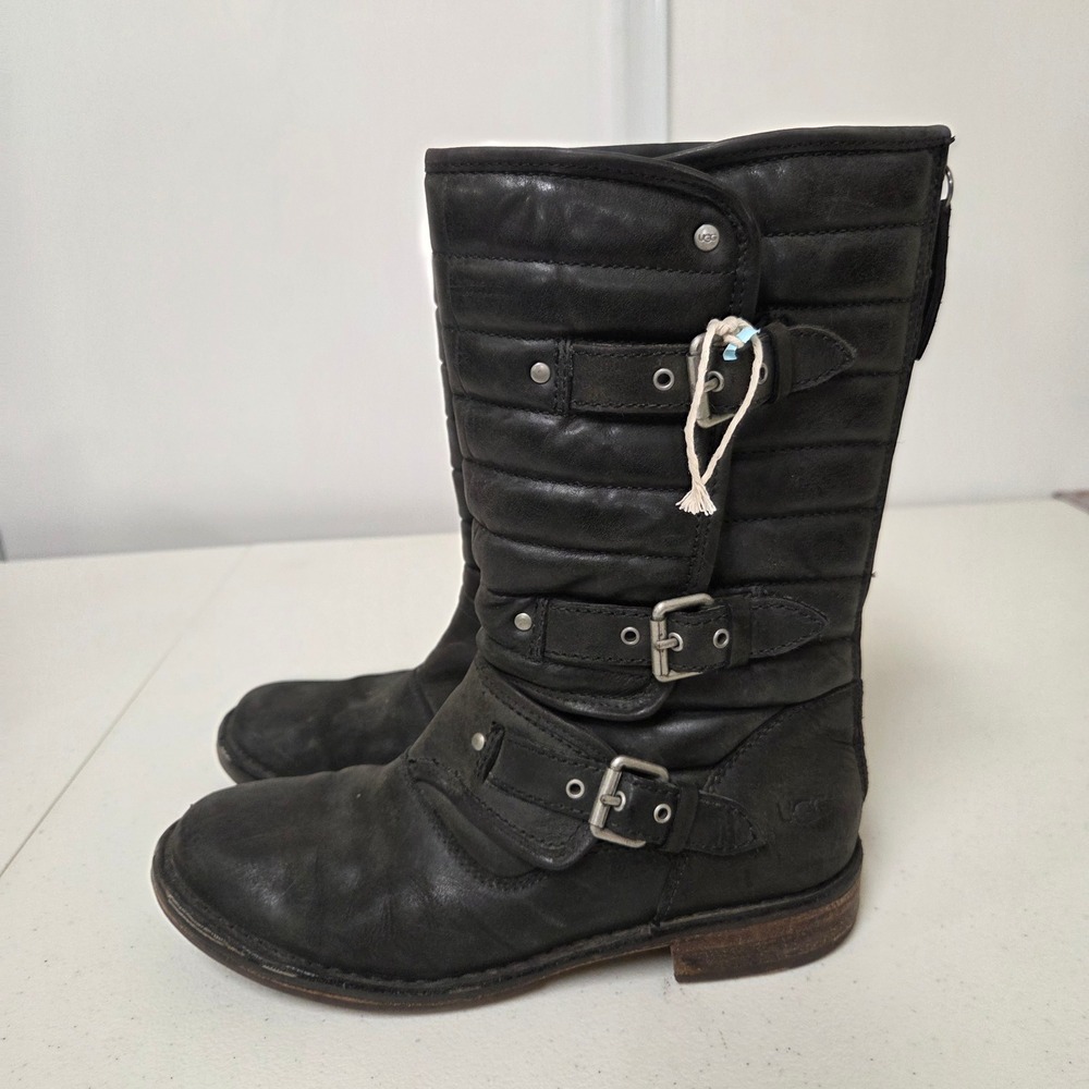 UGG Briar Black Leather Triple Buckle Moto Boots Womens 7 Quilted Back Zip